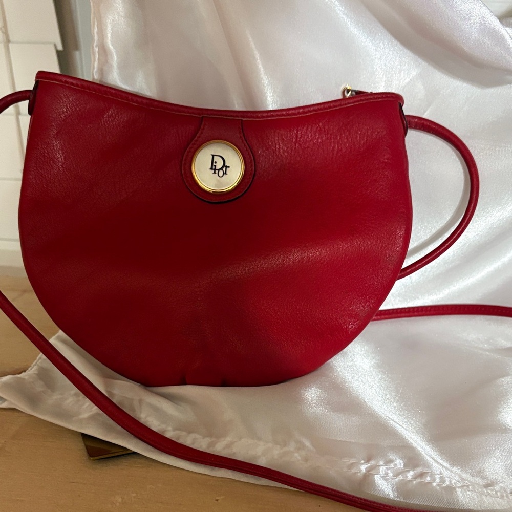 Vintage Dior Red Leather Crescent Crossbody with Gold Logo Medallion